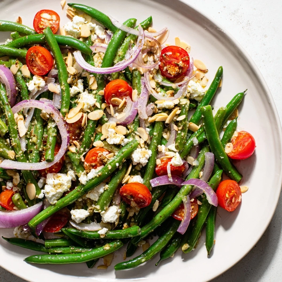 Freshly blanched green beans, sliced almonds, and feta cheese make up this easy Green Bean Salad with Feta and Almonds for lunch.