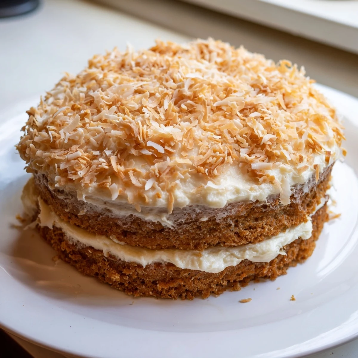 A slice of Easter Coconut Cake with Cream Cheese Frosting on a pastel plate beside a cup of coffee.