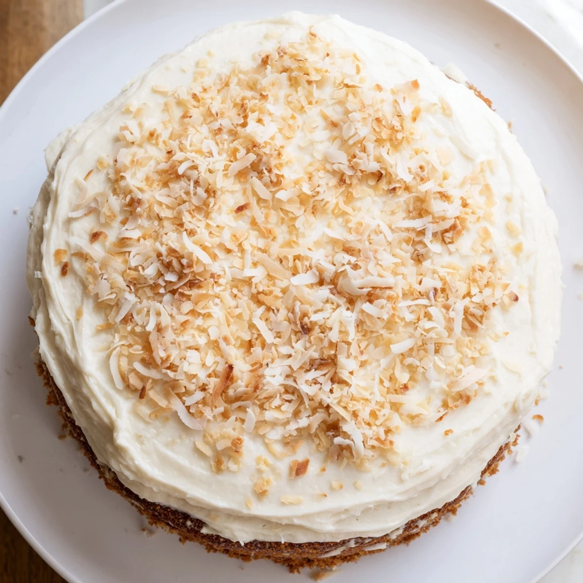 Moist layers of Easter Coconut Cake with Cream Cheese Frosting, topped with toasted coconut flakes for a spring celebration.