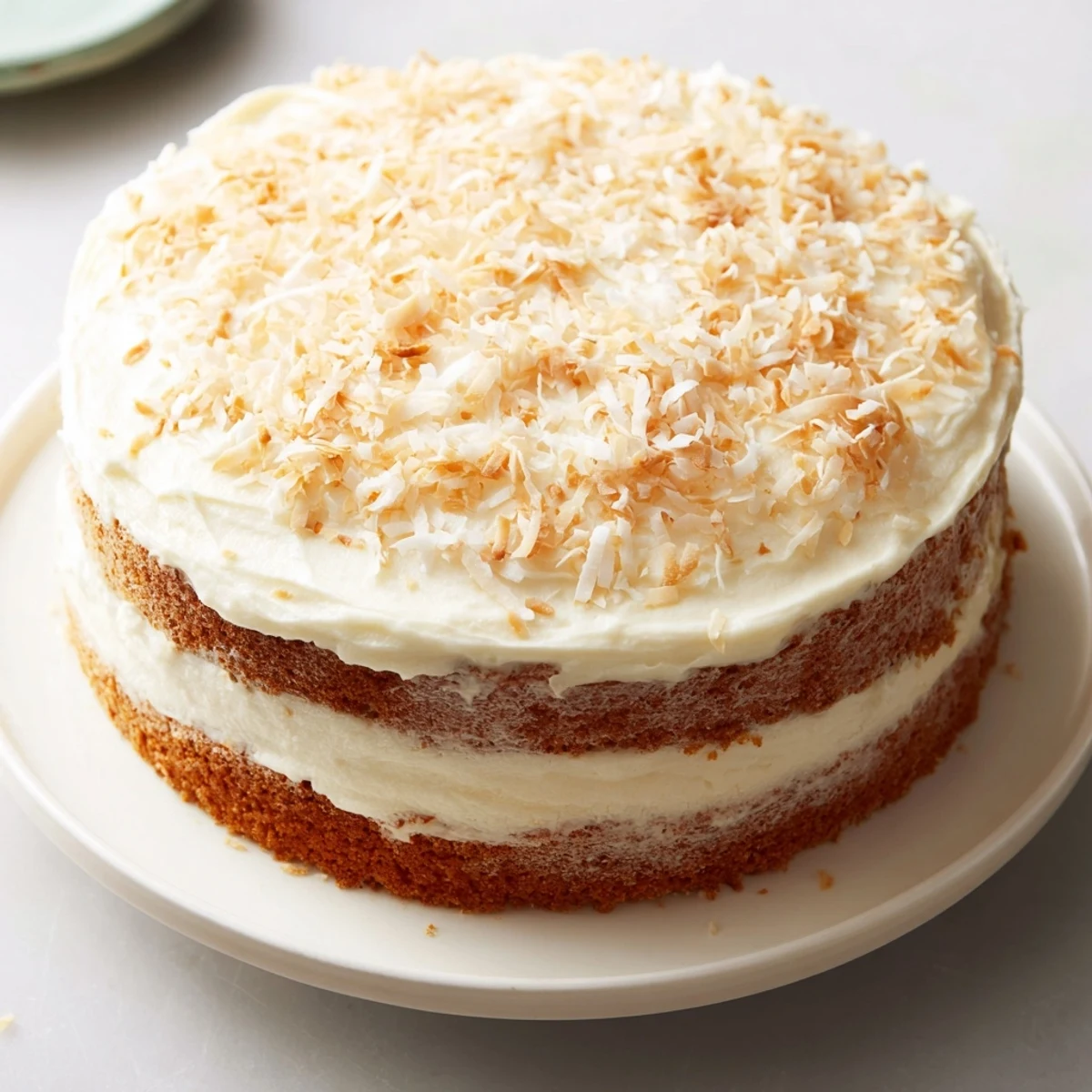 Close-up of Easter Coconut Cake with Cream Cheese Frosting, showing creamy frosting and crunchy toasted coconut garnish.