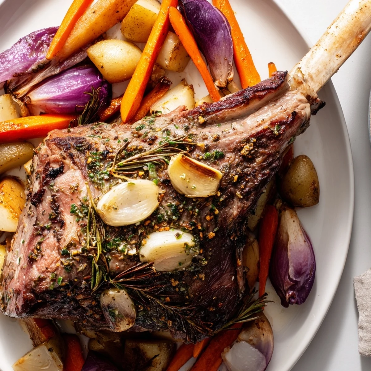 A close-up of Roasted Lamb with Root Vegetables showing a juicy herb-crusted leg of lamb next to caramelized carrots and potatoes on a rustic platter.