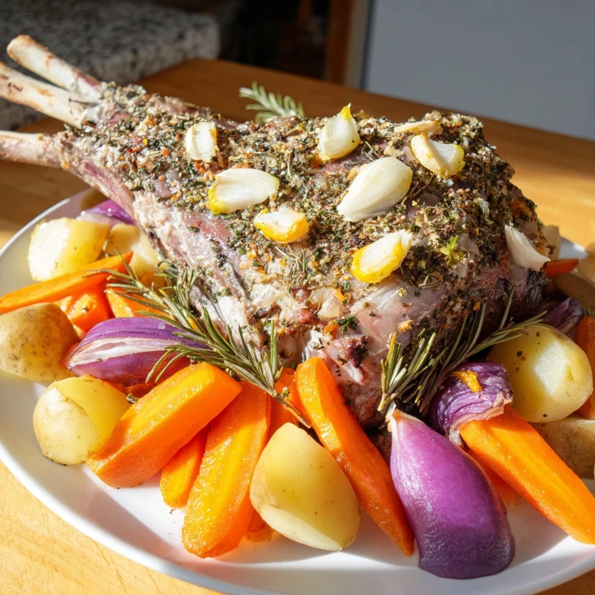 Roasted Lamb with Root Vegetables served on a wooden board, rosemary and thyme sprigs garnishing the golden-brown lamb and glazed root vegetable wedges.