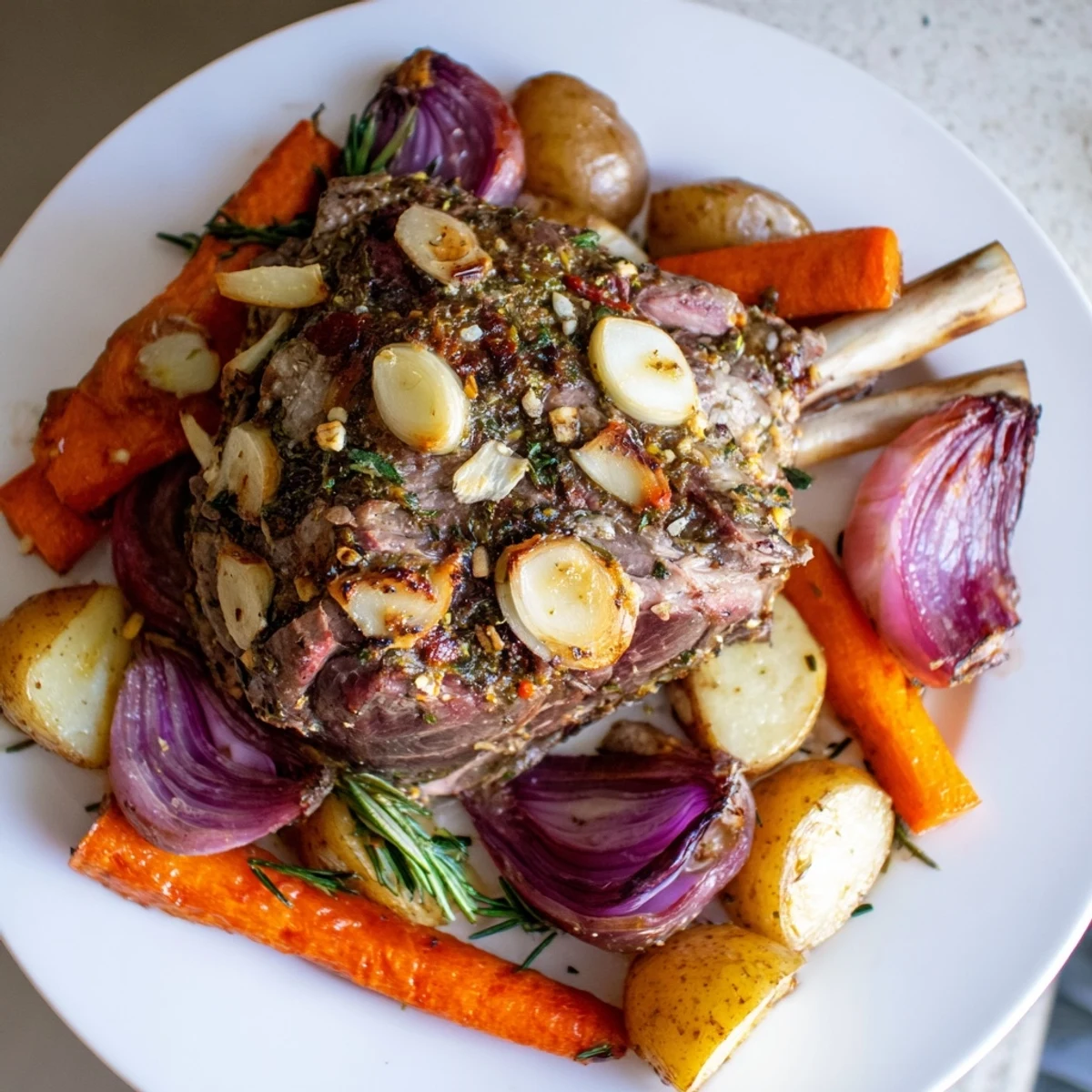 Freshly carved slices of Roasted Lamb with Root Vegetables on a white plate, juices glistening, surrounded by tender parsnips, turnips, and onions.