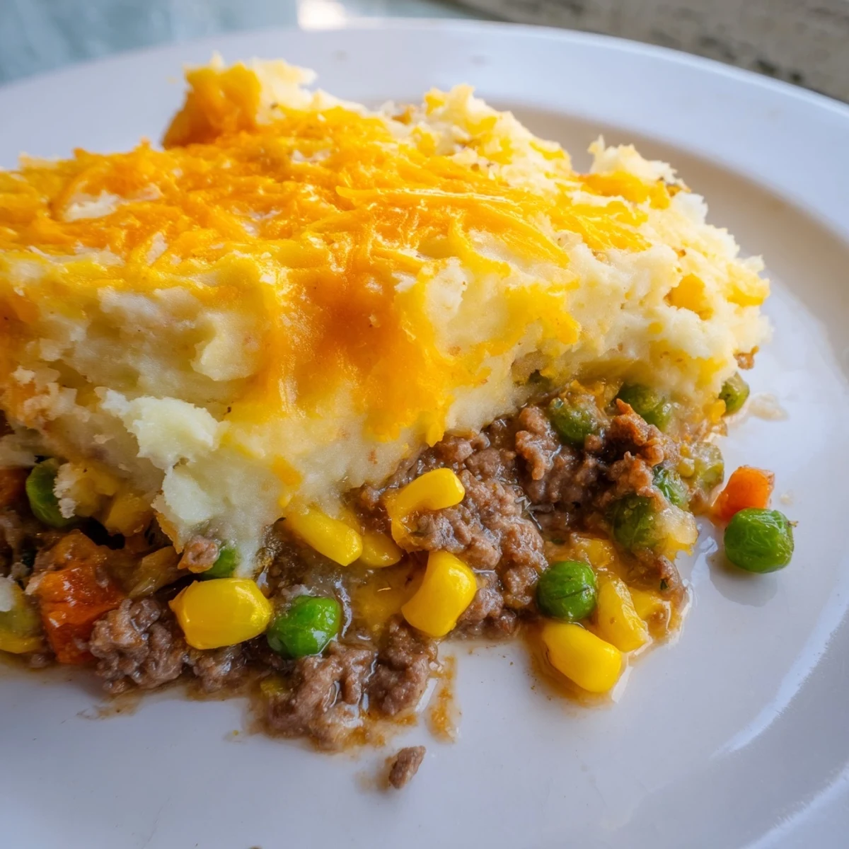 Close-up of homemade Beef Shepherds Pie with Peas and Corn showing golden mashed potato crust.
