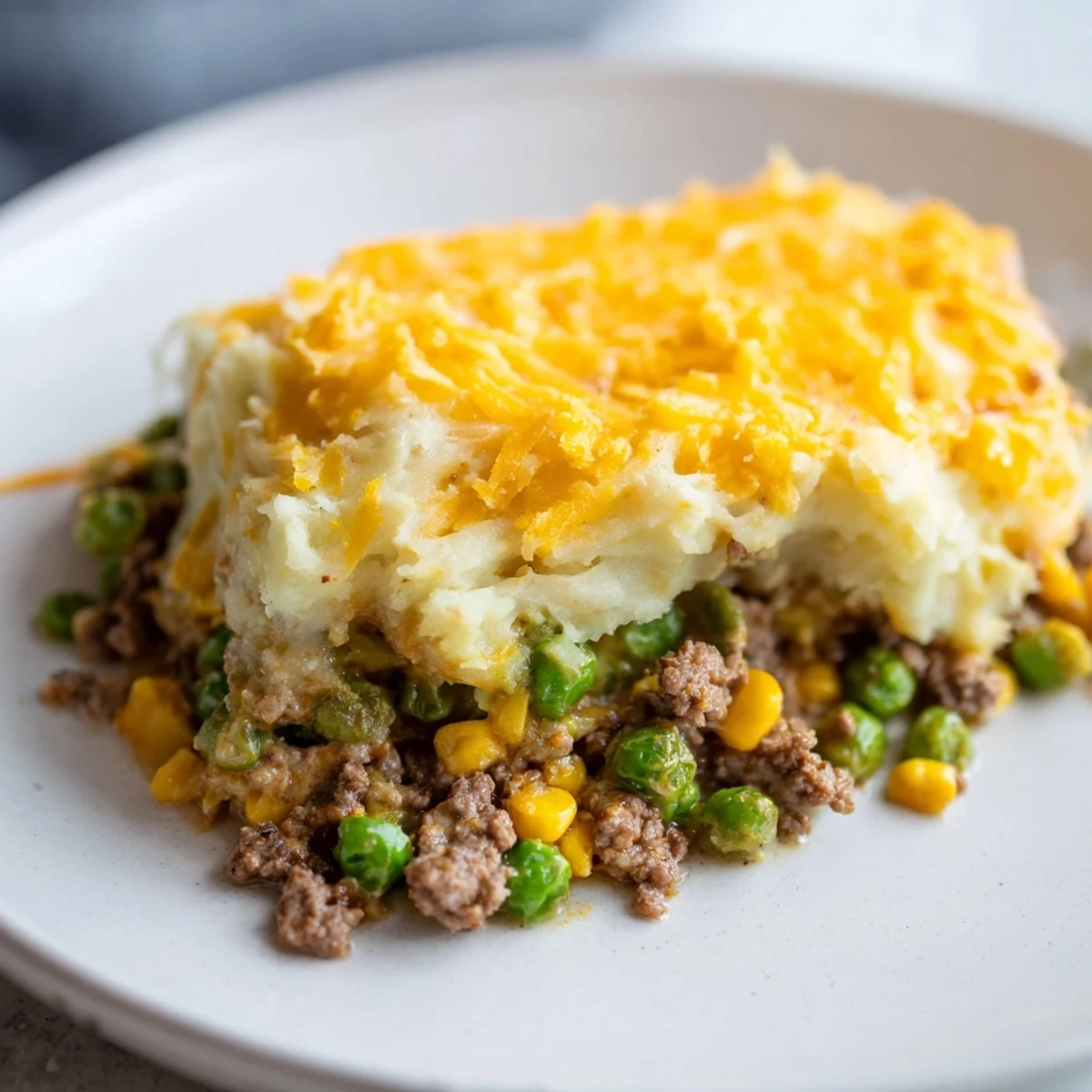 Top view of a freshly baked Beef Shepherds Pie with Peas and Corn straight from the oven.