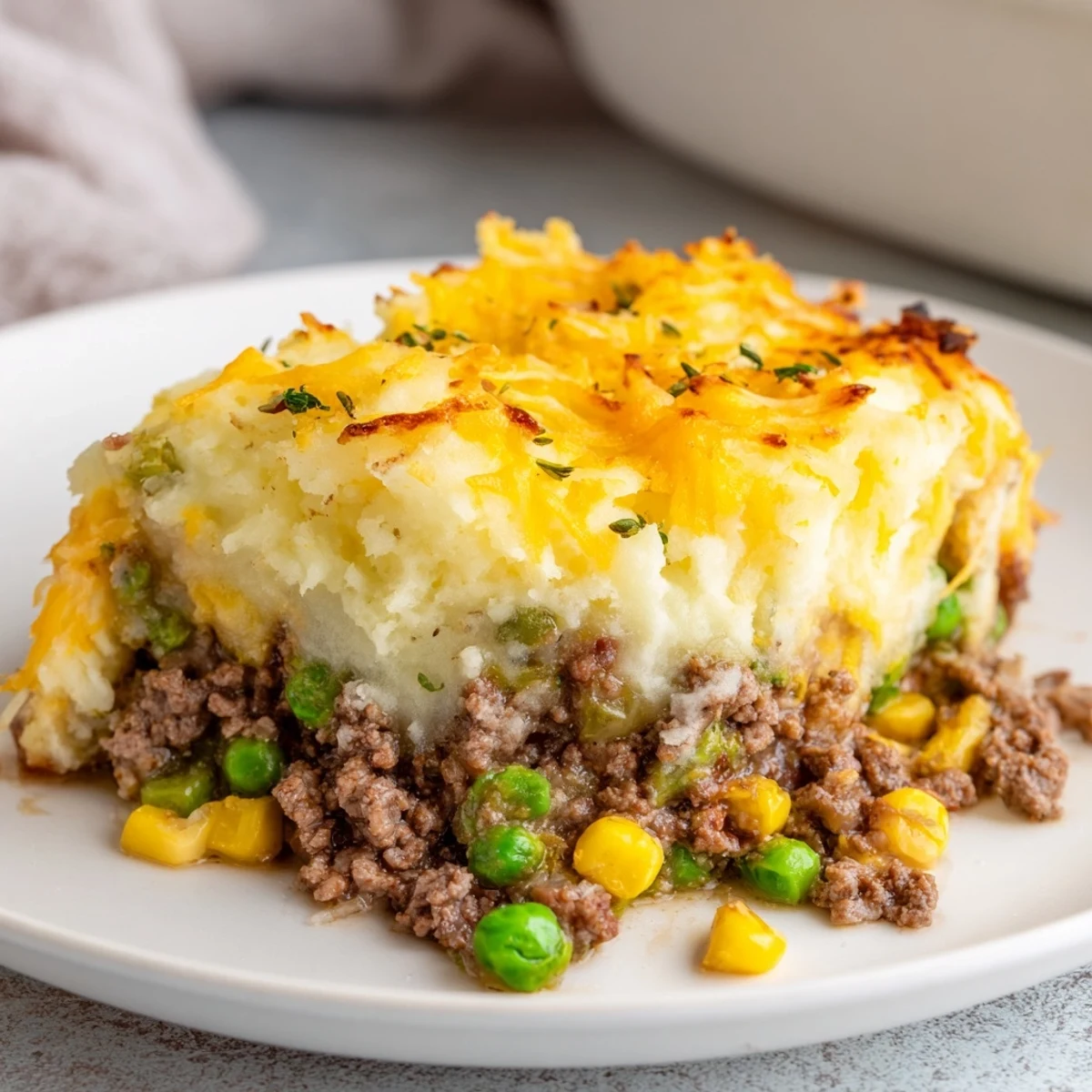 A rustic serving of Beef Shepherds Pie with Peas and Corn on a ceramic plate for dinner.