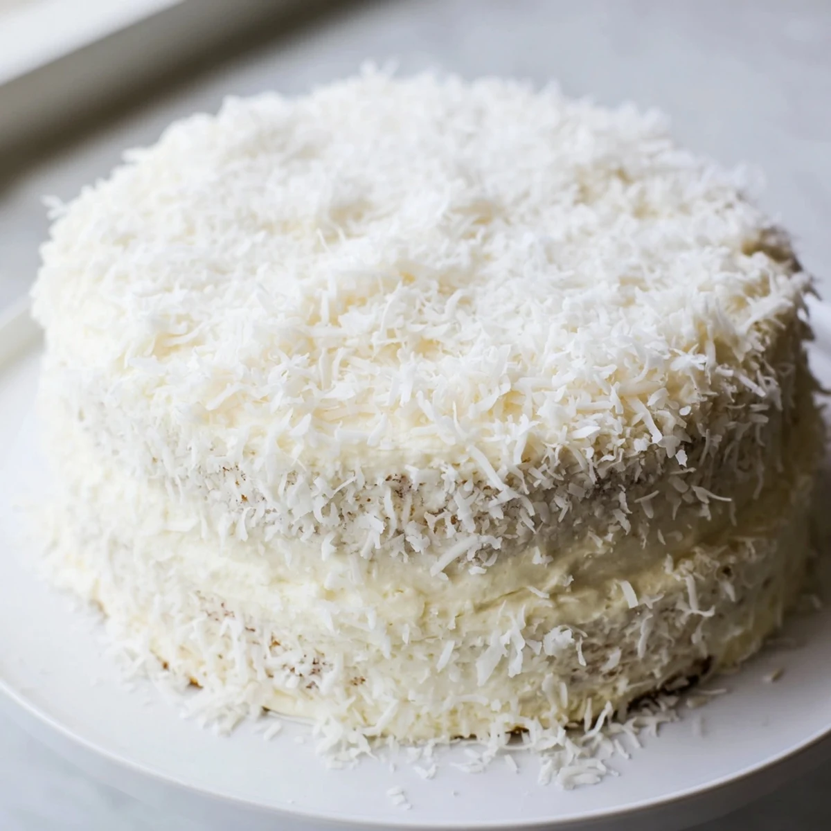 Freshly baked Easter Coconut Cake with cream cheese frosting, topped with sweet shredded coconut and Easter candy decorations on a pastel plate.