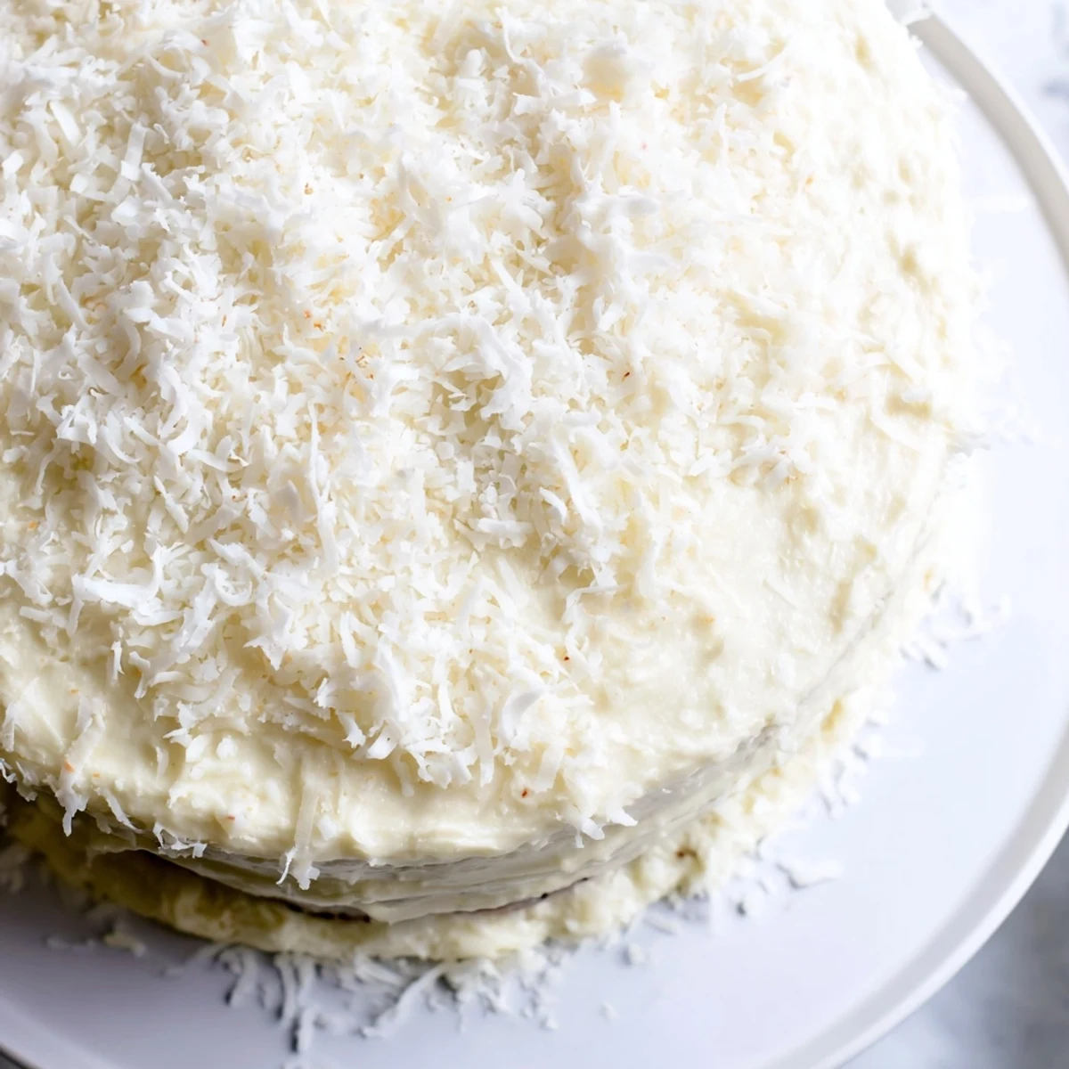A slice of Easter Coconut Cake reveals tender crumb and creamy frosting, garnished with shredded coconut and festive Easter candy on a dessert plate.