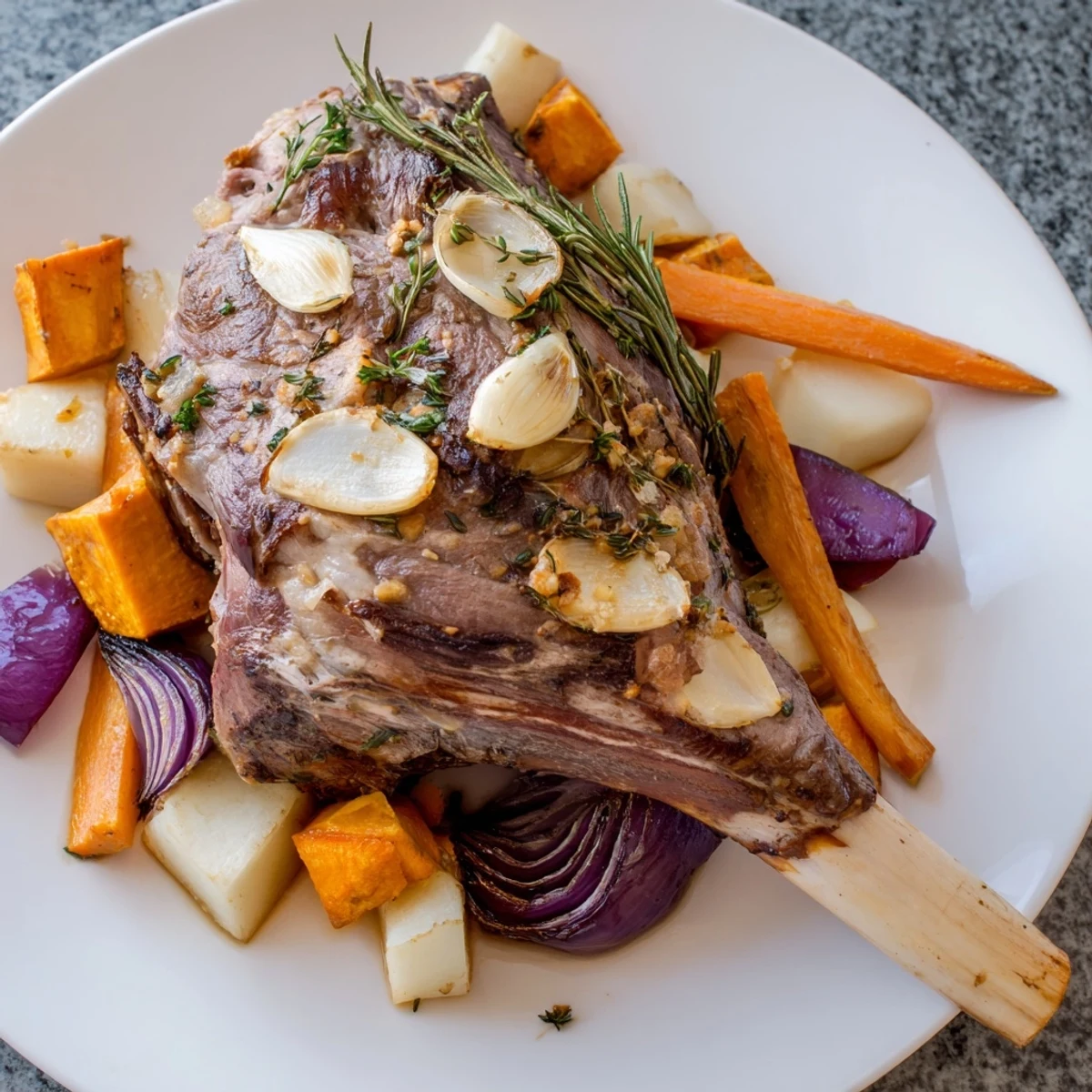 Tender Roasted Lamb with Root Vegetables served golden brown with caramelized carrots and parsnips on a rustic platter.