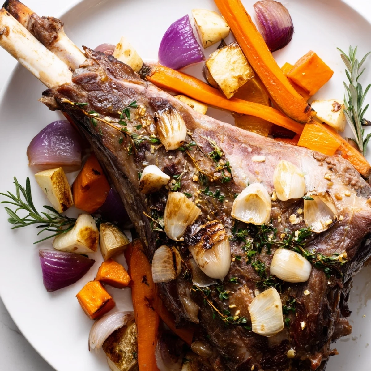 A beautifully carved Roasted Lamb with Root Vegetables presents juicy slices and roasted onion wedges for an elegant family meal.