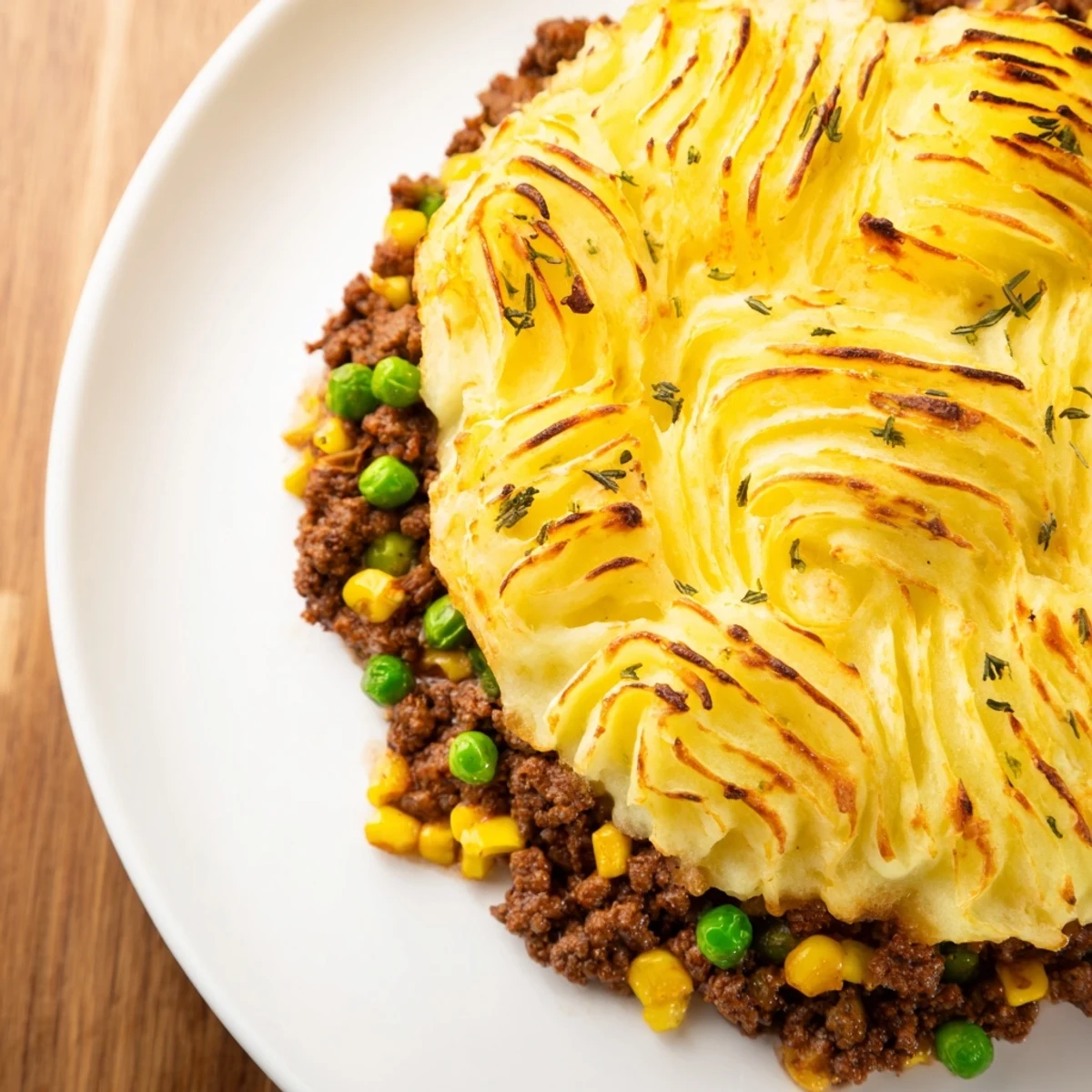 Golden Beef Shepherds Pie with Peas and Corn bubbling from the oven, crowned with creamy mashed potatoes.