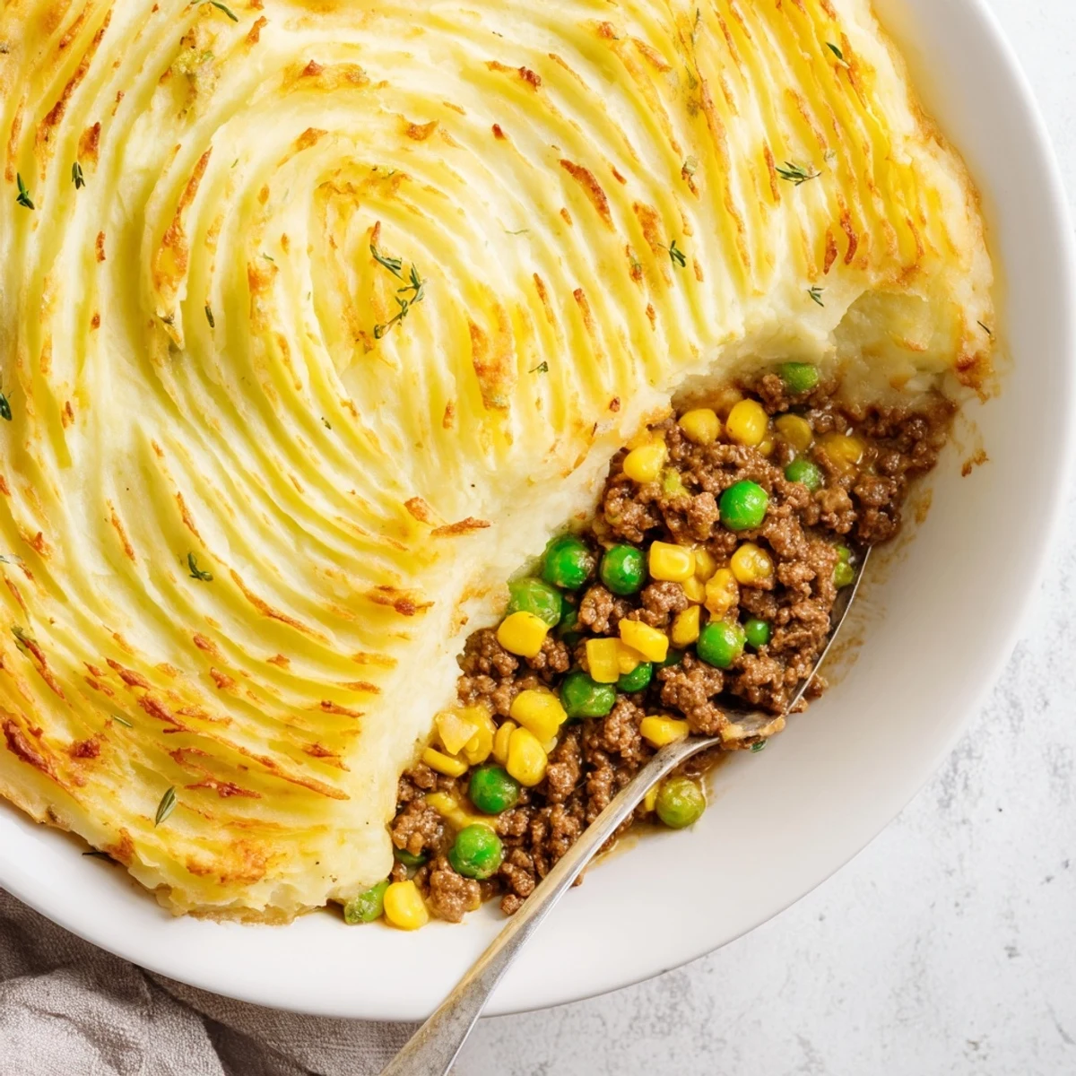A hearty slice of Beef Shepherds Pie with Peas and Corn on a rustic plate, steam rising.