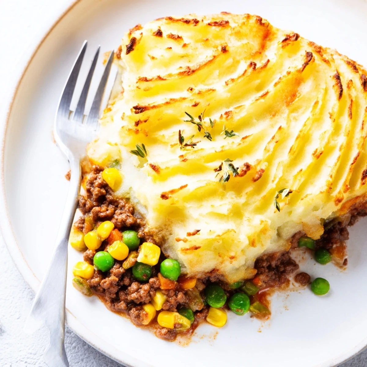 A close-up of Beef Shepherds Pie with Peas and Corn showing golden potato peaks and peas.