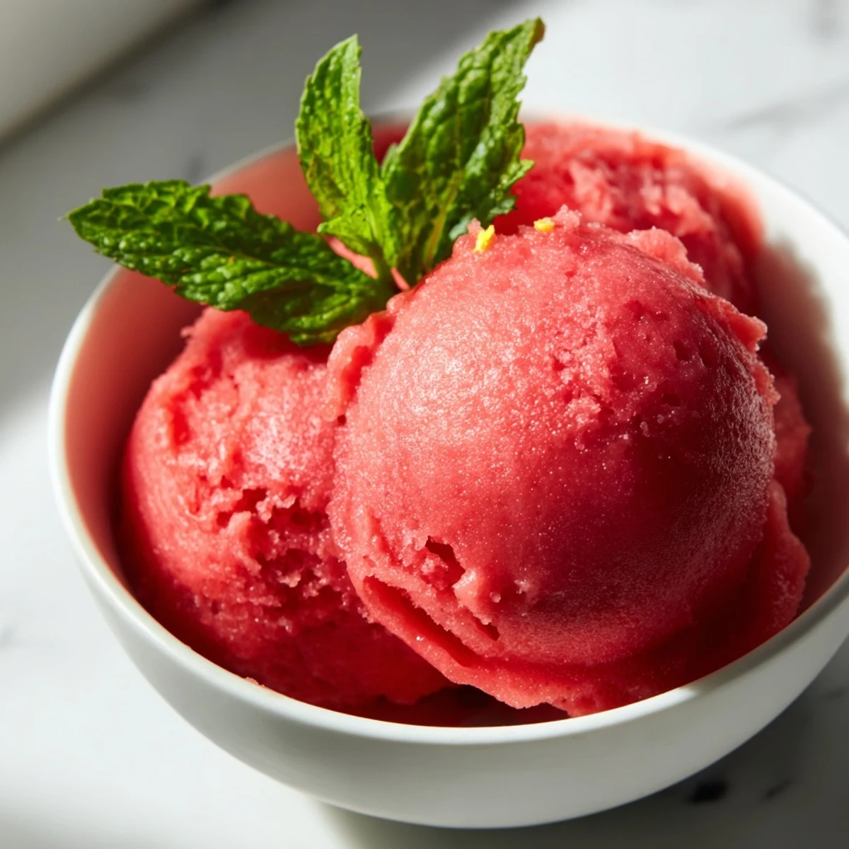 Strawberry Lemonade Sorbet with Mint scooped into a glass bowl shows vibrant pink color and fresh mint garnish.