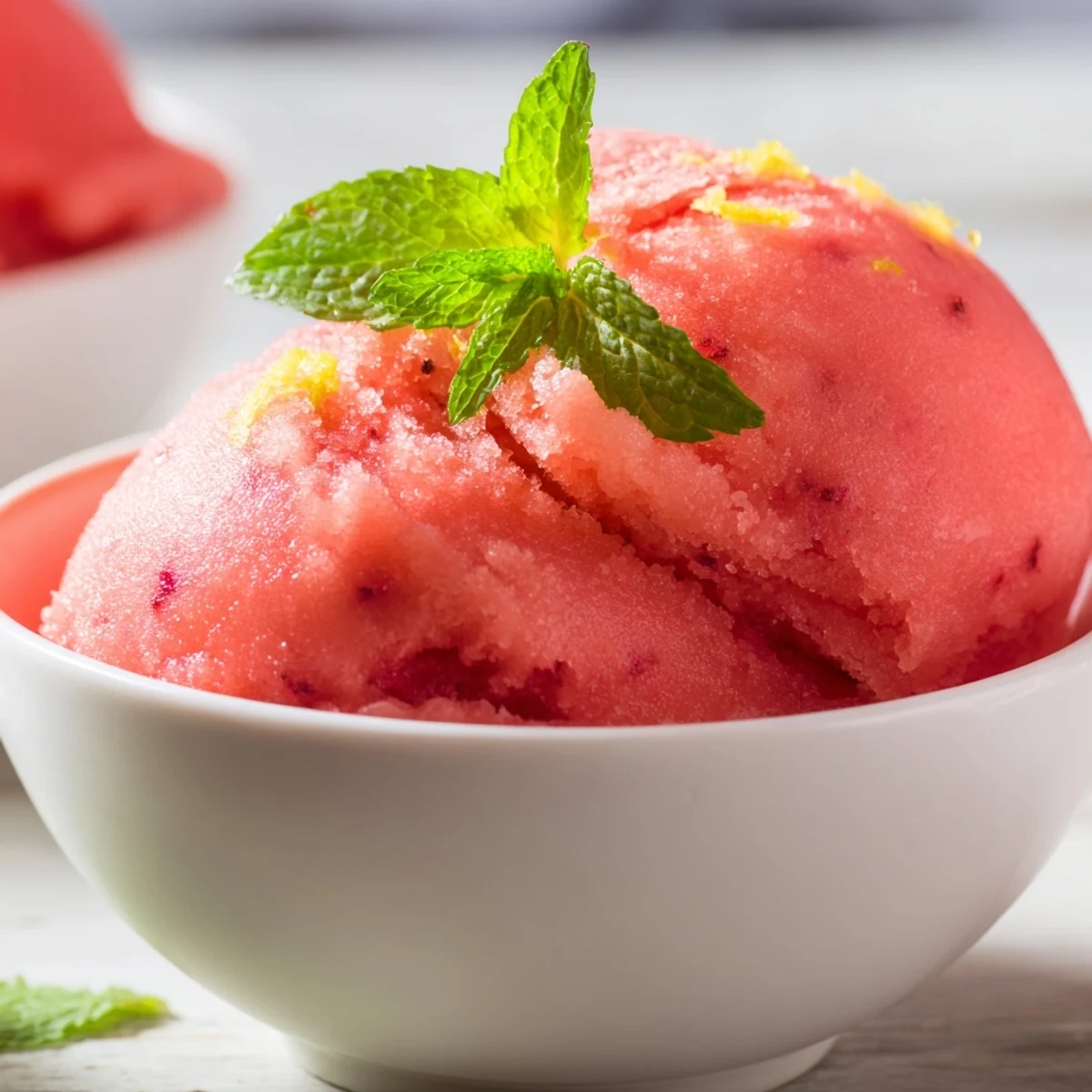 Close up of Strawberry Lemonade Sorbet with Mint in a frozen dessert dish with lemon zest and mint sprigs.