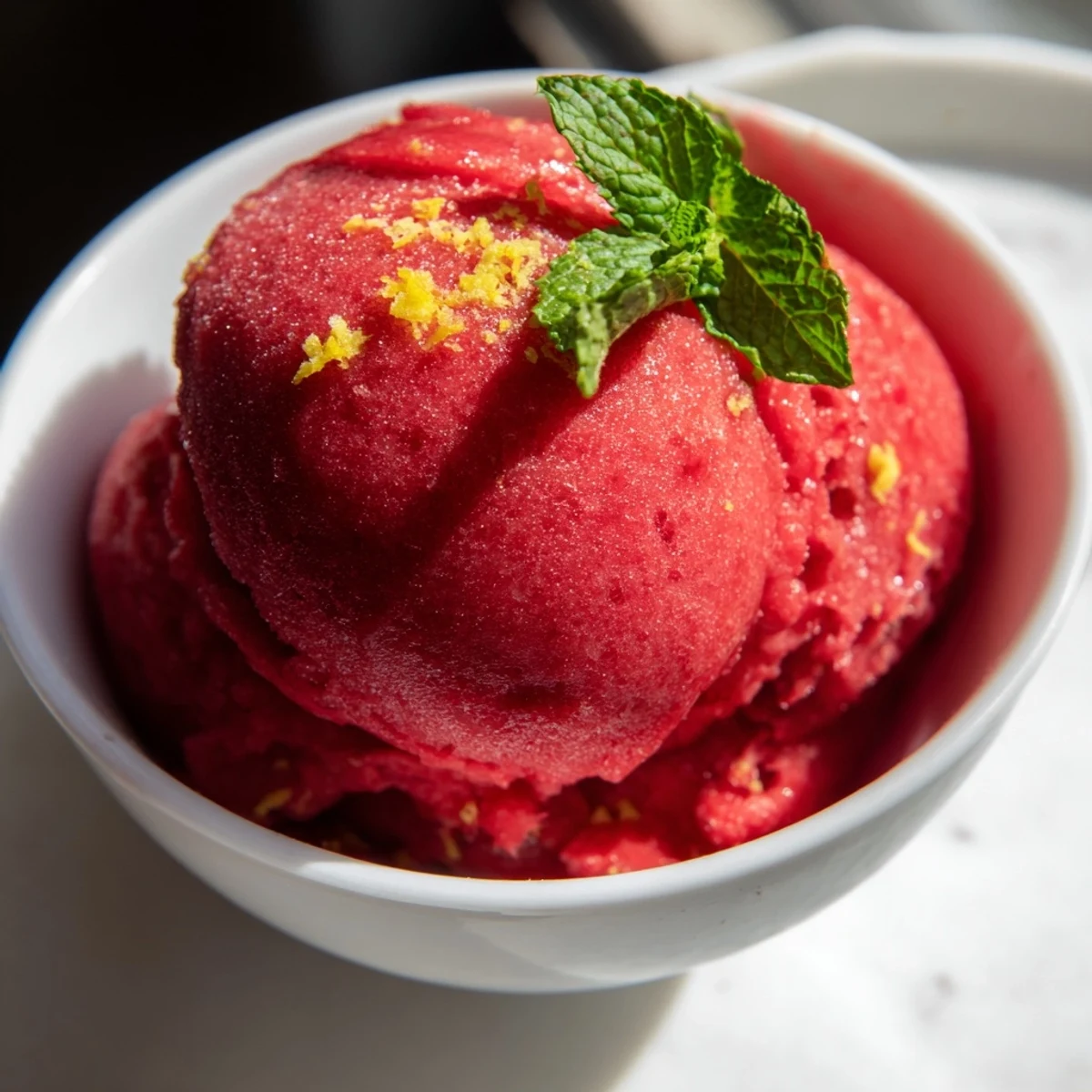 A serving of Strawberry Lemonade Sorbet with Mint in a waffle cone glistens with condensation on a warm day.