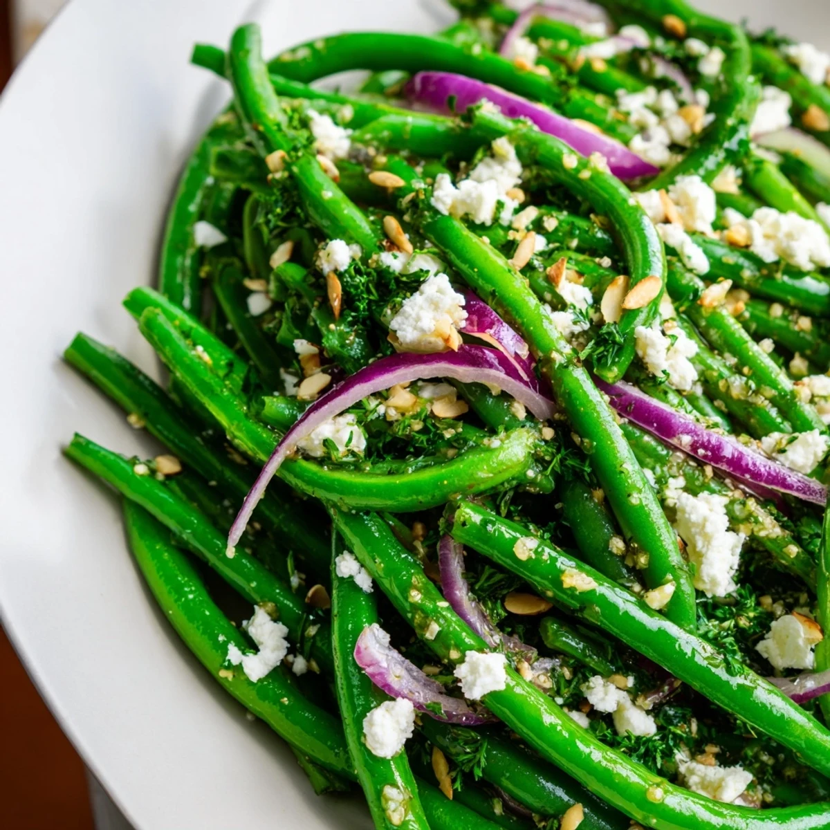 The Green Bean Salad with Feta and Almonds features bright green beans, crumbled feta, and toasted almonds on a bed of fresh parsley.