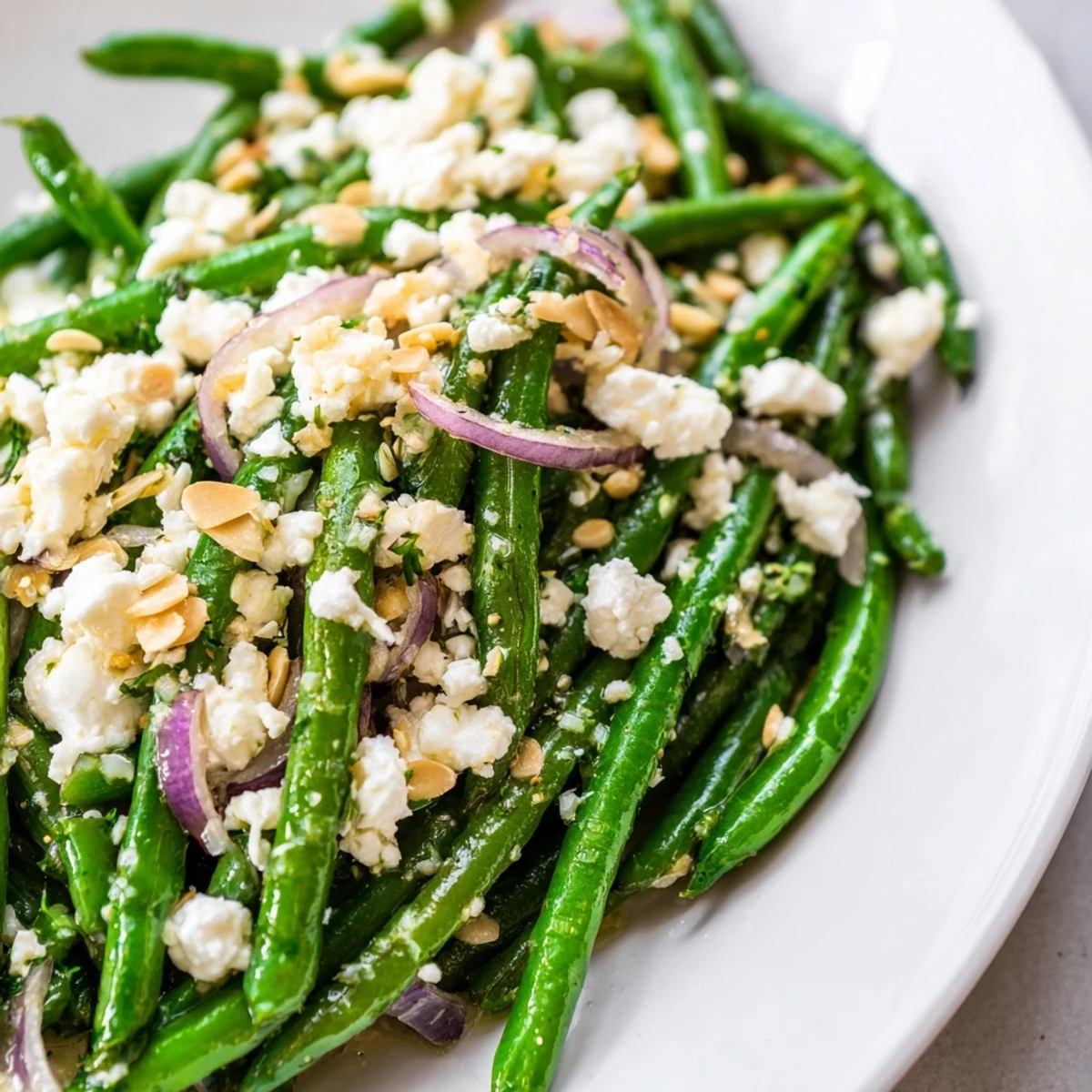 Enjoy this refreshing Green Bean Salad with Feta and Almonds, a Mediterranean side with red onion slices and a light lemony dressing.
