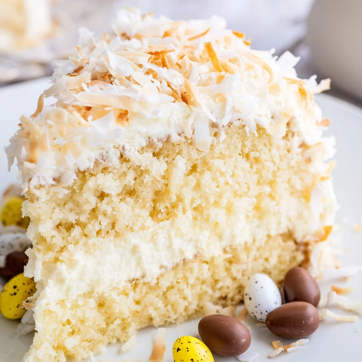 Fluffy Easter Coconut Cake layered with creamy coconut frosting and topped with golden toasted coconut on a spring table.
