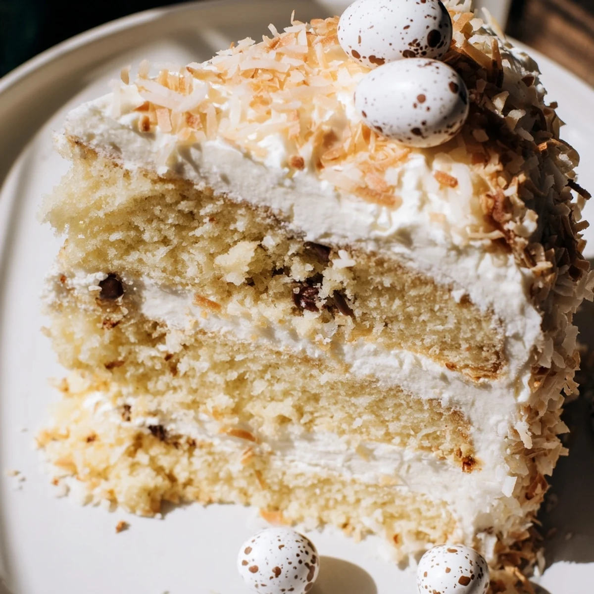 Sliced piece of moist Easter Coconut Cake showing soft layers and shredded coconut garnish next to a pastel plate.