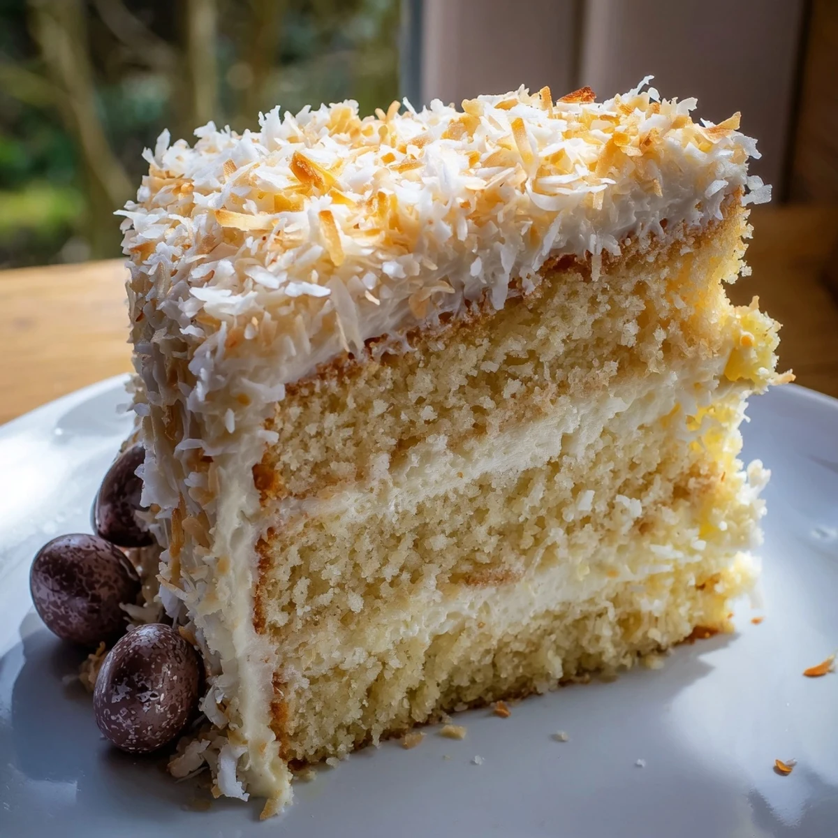 Freshly baked Easter Coconut Cake decorated with toasted coconut flakes and optional mini chocolate eggs for festive serving.