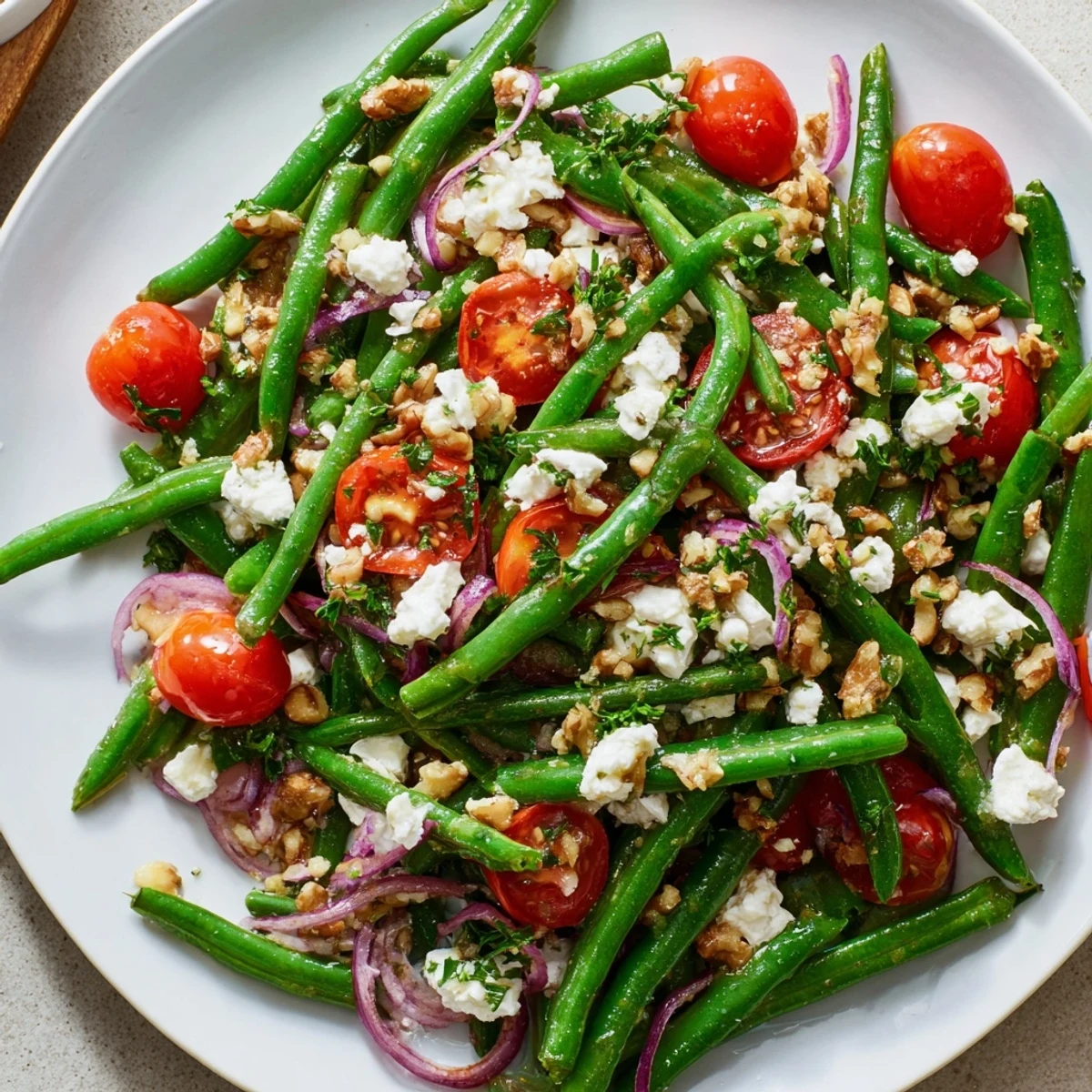 A chilled Mediterranean Green Bean Salad with Feta showcases crunchy walnuts and juicy tomatoes on a rustic white platter.