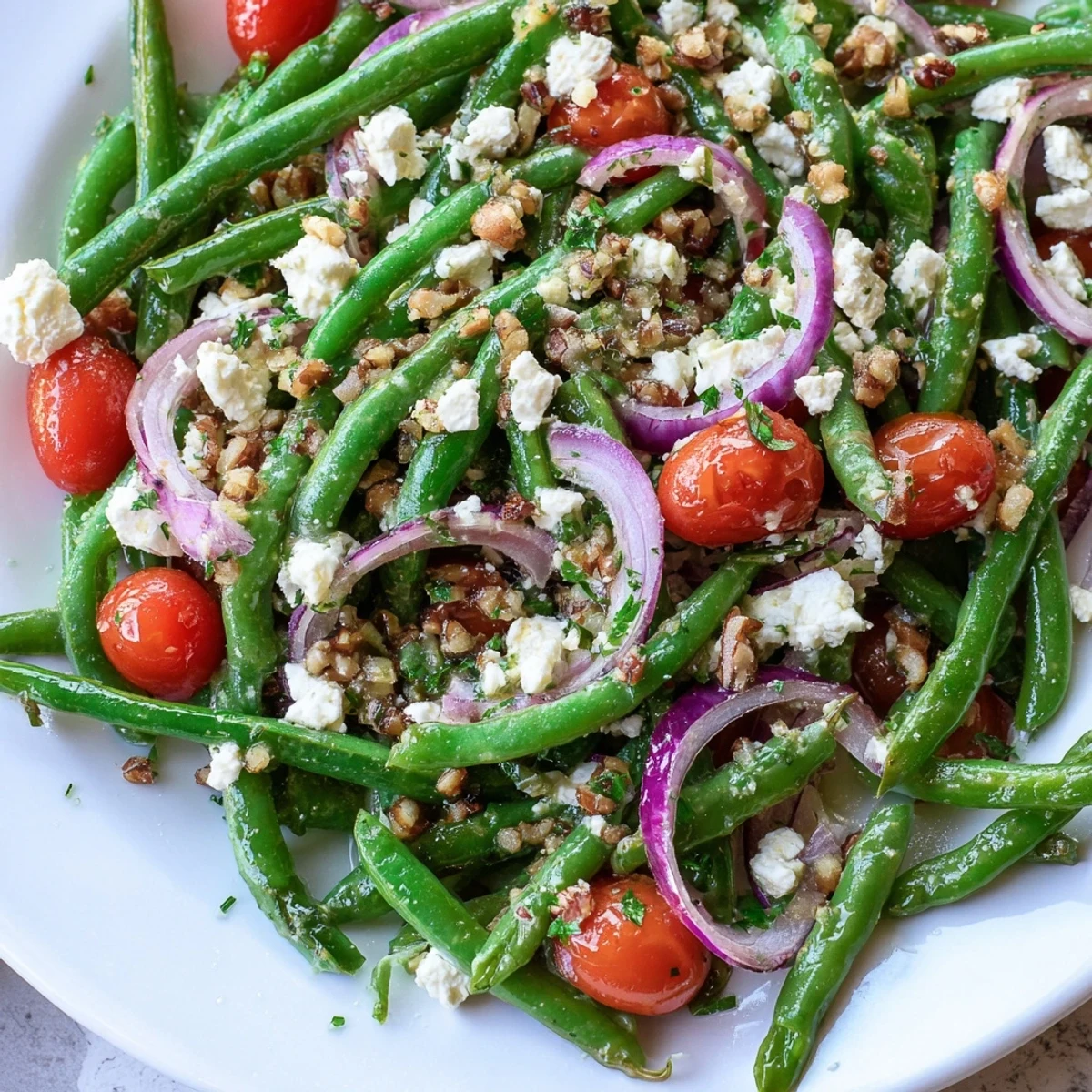 Bright summer lunch idea: vibrant Green Bean Salad with Feta, finished with parsley and served beside a glass of rosé.