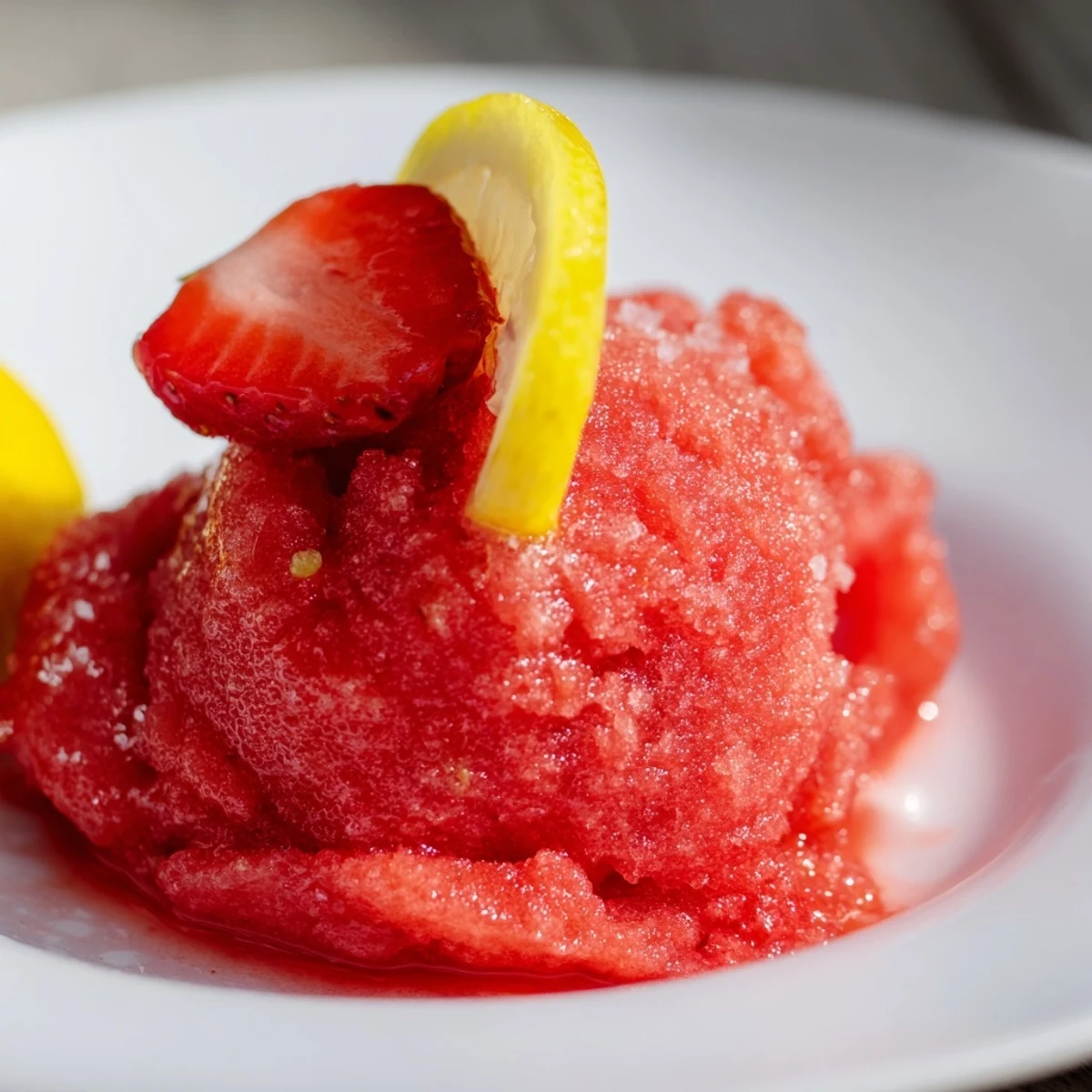 Frozen Strawberry Lemonade Sorbet is being scooped from a container with a metal ice cream scoop.