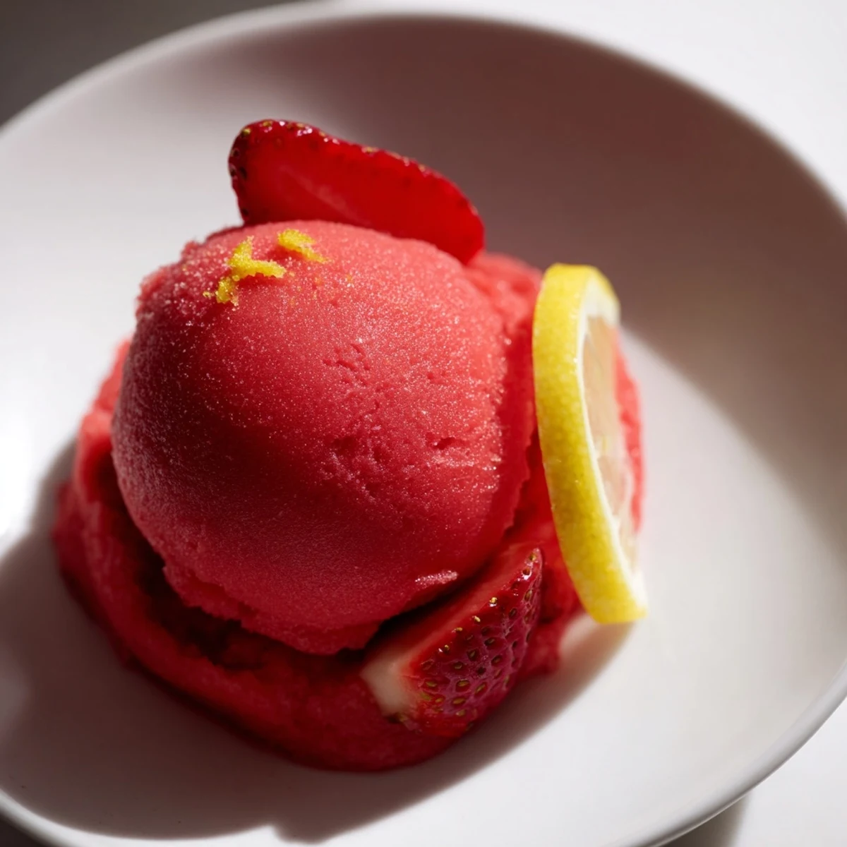 A scoop of homemade Strawberry Lemonade Sorbet sits in a chilled glass, garnished with fresh mint.