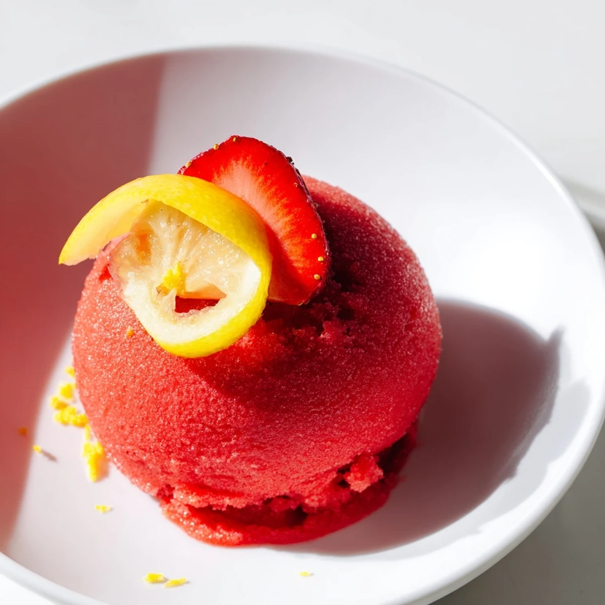 Strawberry Lemonade Sorbet in a dessert bowl is garnished with lemon slices and a sprig of mint.