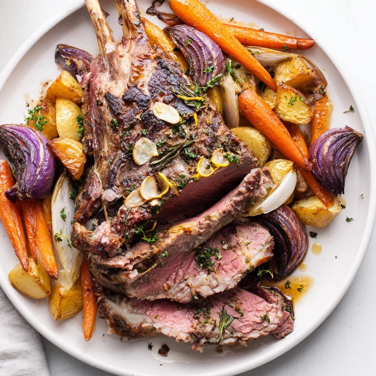 Succulent roasted lamb with root vegetables resting on a platter, garnished with fresh rosemary and thyme.