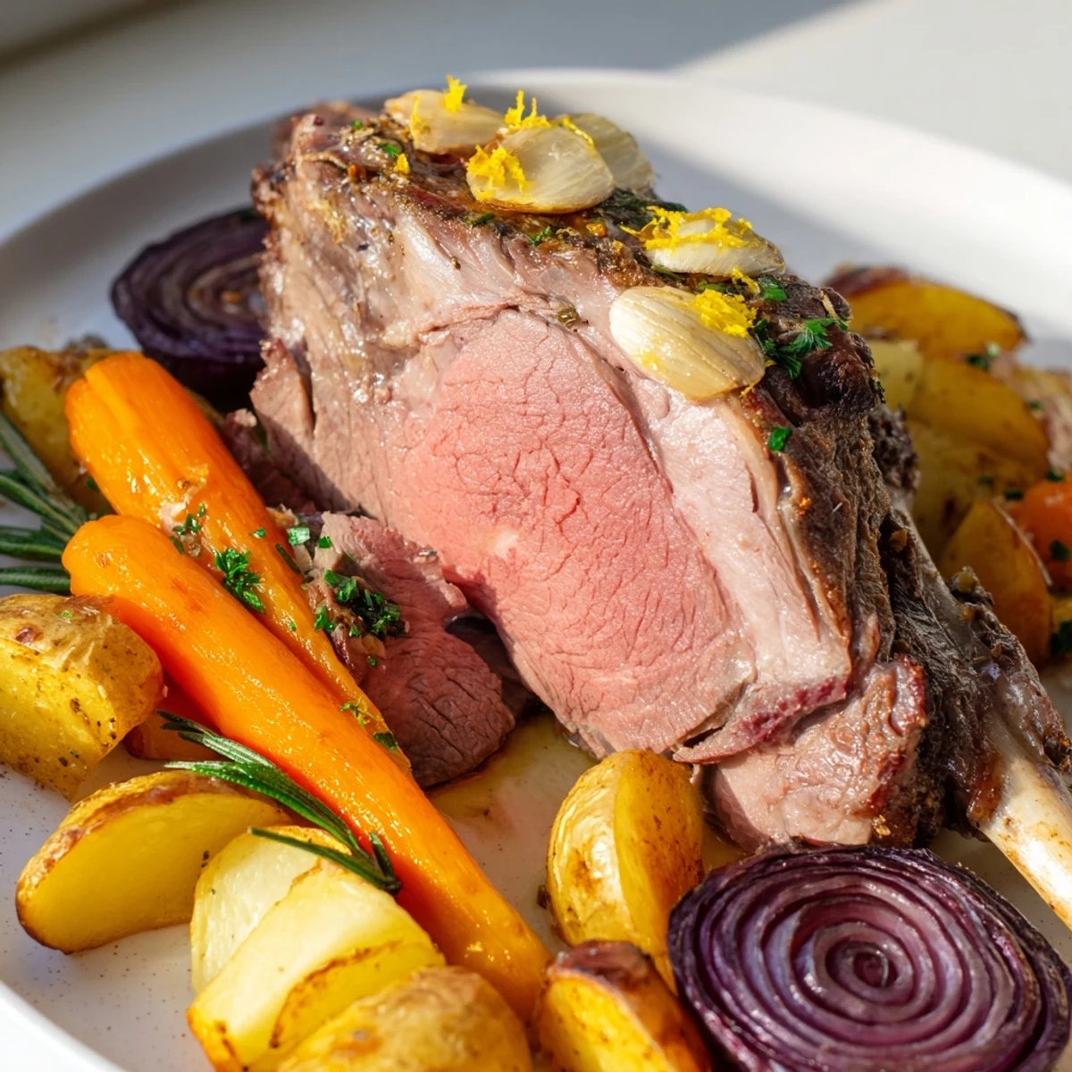 Golden roasted lamb with root vegetables and pan drippings, ready to serve for a cozy dinner.