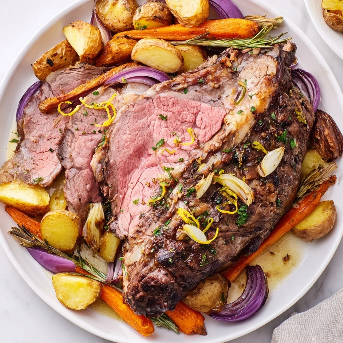 Juicy carved lamb slices alongside caramelized carrots, potatoes, and onions, ideal for a family meal.