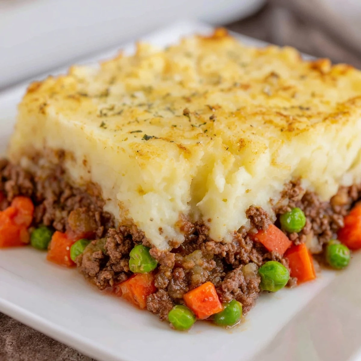 From above, the classic Beef Shepherds Pie with Peas steams in a baking dish, paired with a glass of red wine and crusty bread.