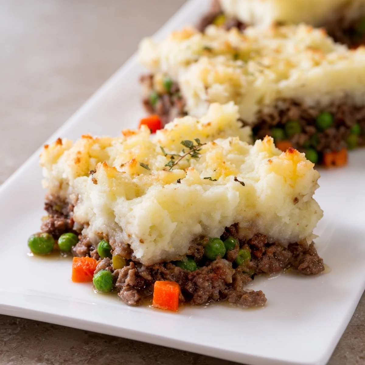 This cozy Beef Shepherds Pie with Peas shows creamy potato topping beside a rustic casserole, garnished with fresh thyme on a marble counter.