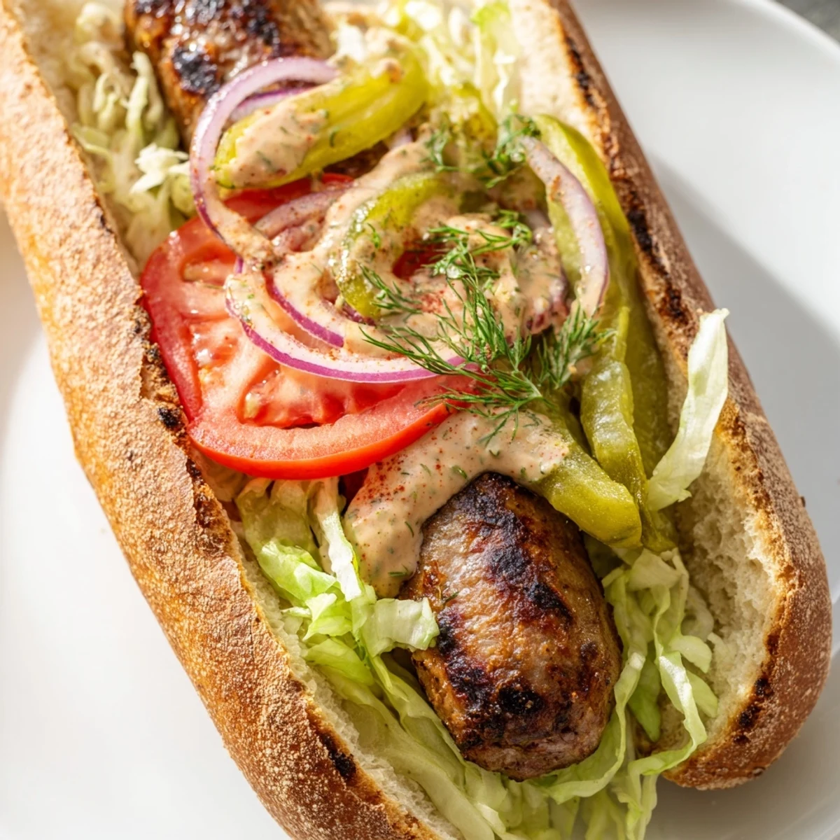 Grilled Cajun Beef Sausage Po Boy Sandwiches served on a crusty baguette with lettuce and pickles.