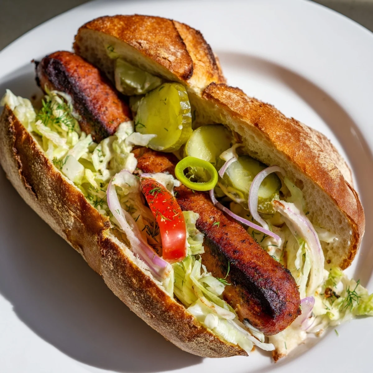 A delicious Grilled Cajun Beef Sausage Po Boy Sandwiches on a toasted roll with tomatoes.