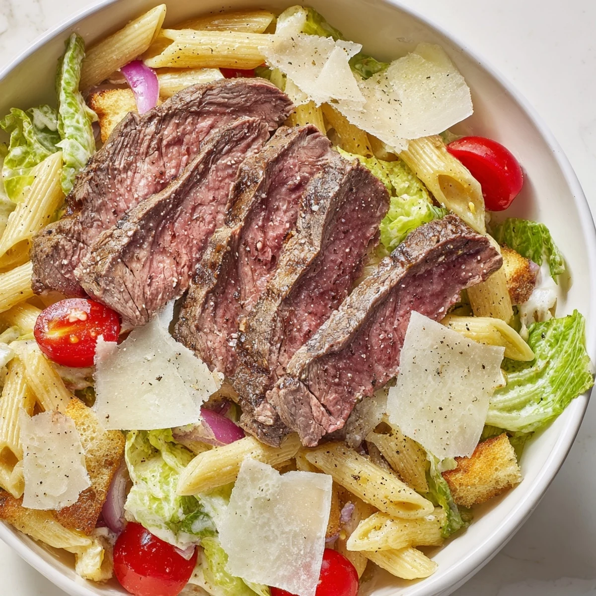 Grilled steak and creamy Caesar dressing tossed with al dente penne, crisp romaine, and cherry tomatoes in this Flavorful Steak Caesar Pasta Salad.