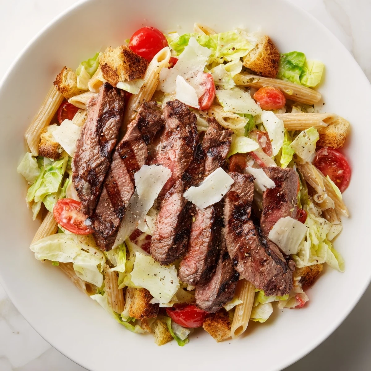 Sliced steak rests atop chilled pasta and crunchy croutons in this hearty Flavorful Steak Caesar Pasta Salad, perfect for a summer lunch.