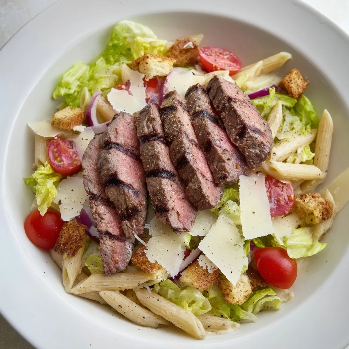 A vibrant bowl of Flavorful Steak Caesar Pasta Salad features shaved Parmesan, juicy tomatoes, and tender steak slices ready for a quick dinner.