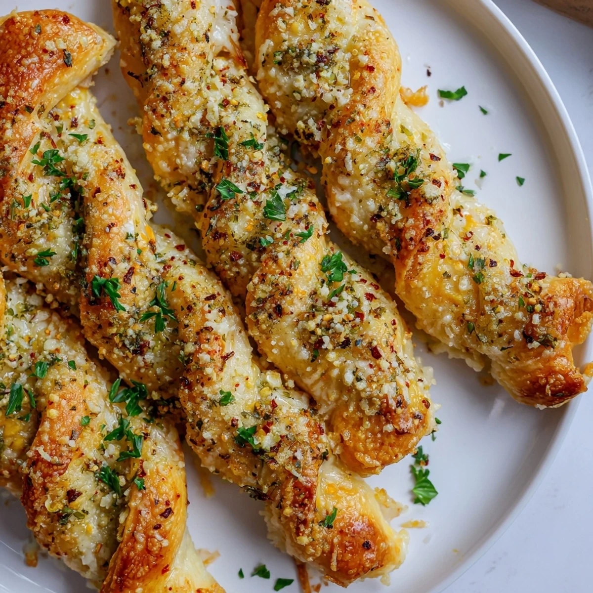 Golden Crispy Air Fryer Pizza Cheese Bread Twists on a wooden board with dipping sauce.