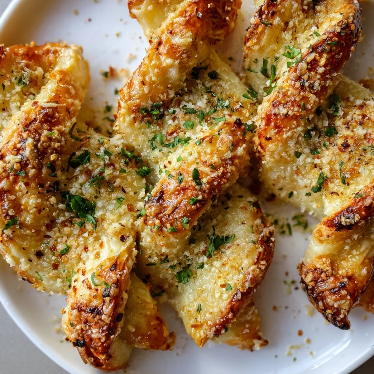 Eight golden brown twists with melted cheese and herbs arranged on a white plate.
