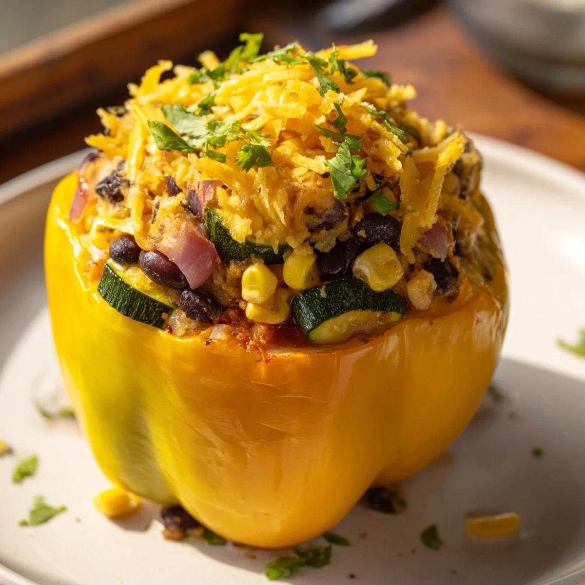 A close-up of Cajun Potato Stuffed Bell Peppers reveals fluffy potato filling with corn and black beans, topped with melted cheese.