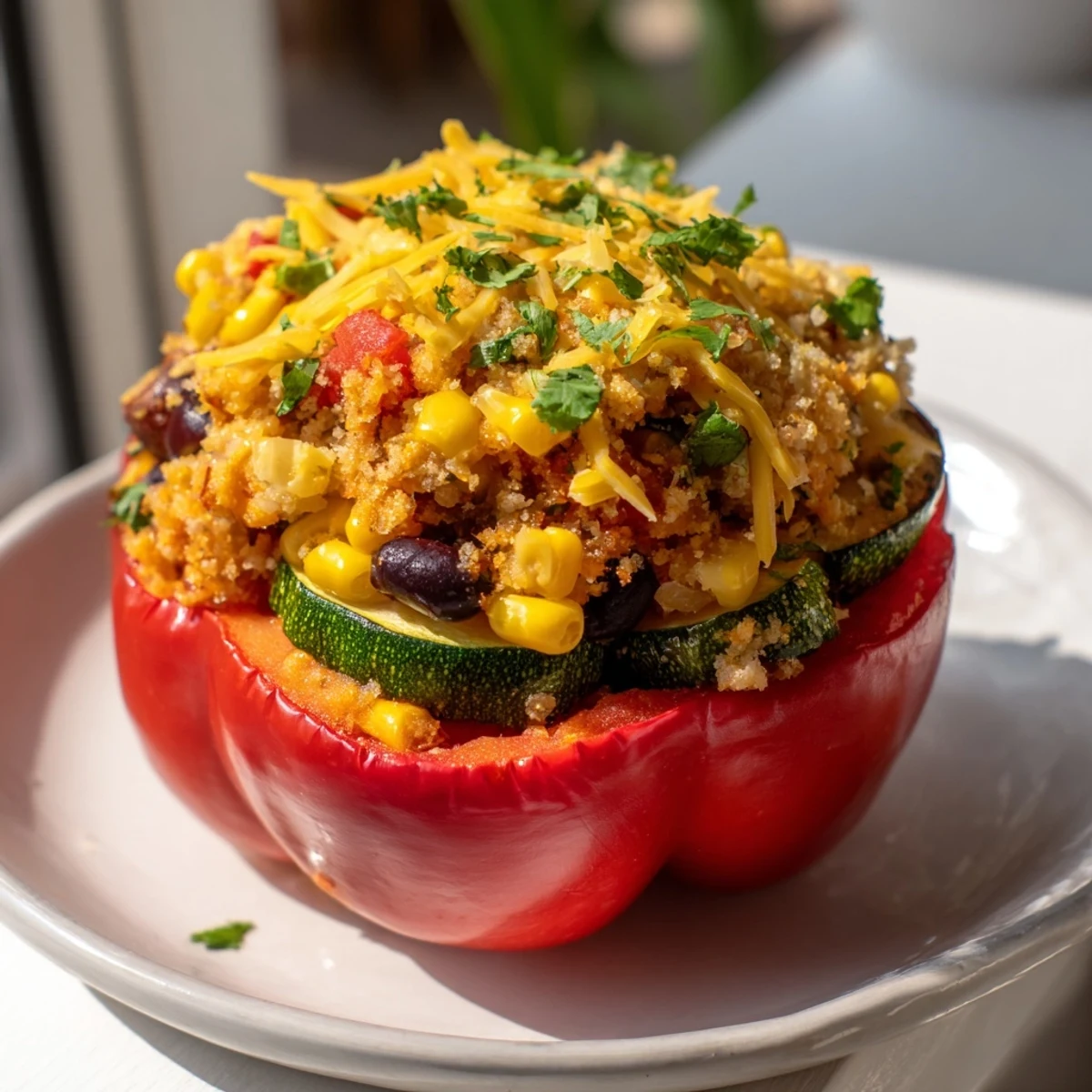 Golden-brown Cajun Potato Stuffed Bell Peppers rest in a baking dish, filled with a vibrant, seasoned potato and vegetable mixture.