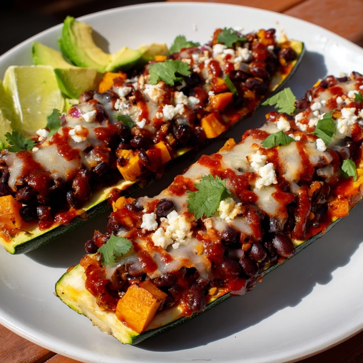 Golden roasted zucchini boats filled with Black Bean and Butternut Squash Enchilada Boats, topped with melted cheese and fresh cilantro.