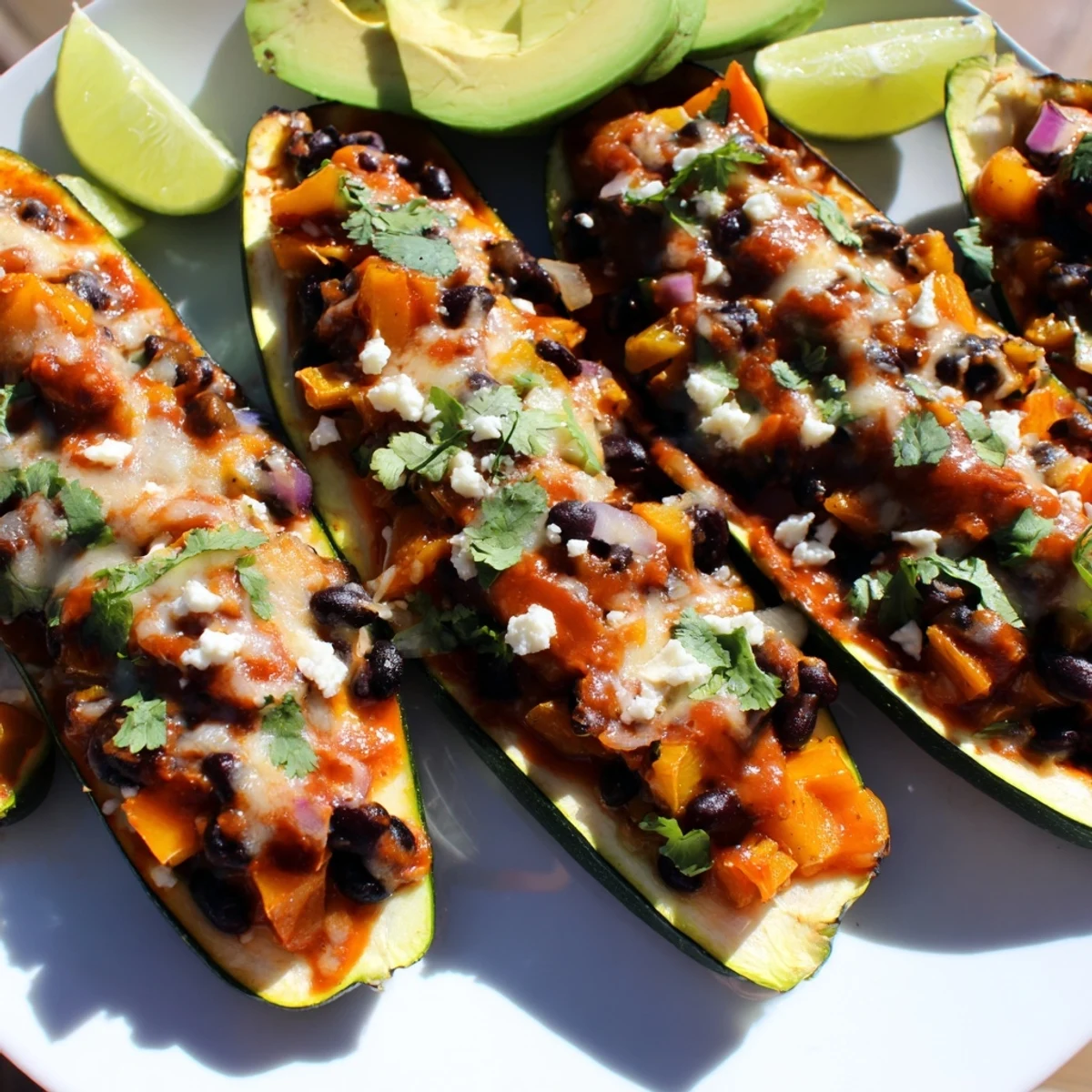 A close-up of Black Bean and Butternut Squash Enchilada Boats, featuring a hearty filling of black beans and butternut squash.