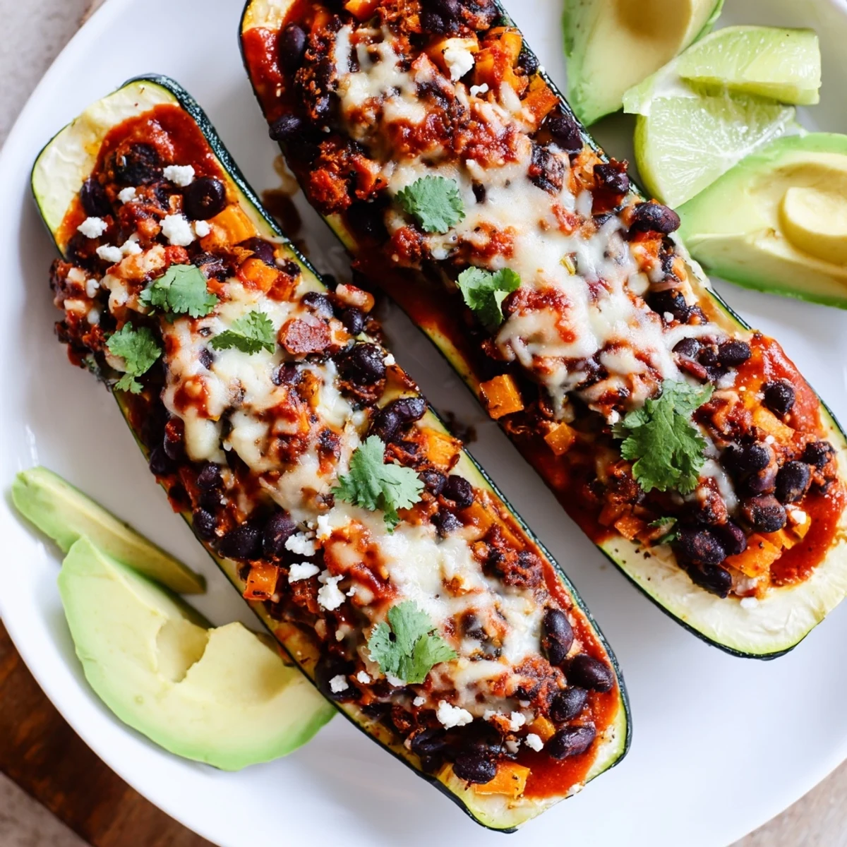Black Bean and Butternut Squash Enchilada Boats served on a plate with avocado slices and lime wedges for garnish.