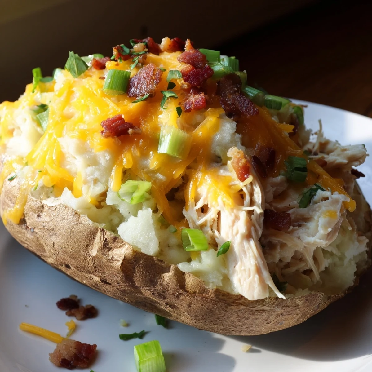 A close-up of mud chicken stuffed twice baked potatoes, topped with melted cheddar and fresh parsley garnish.
