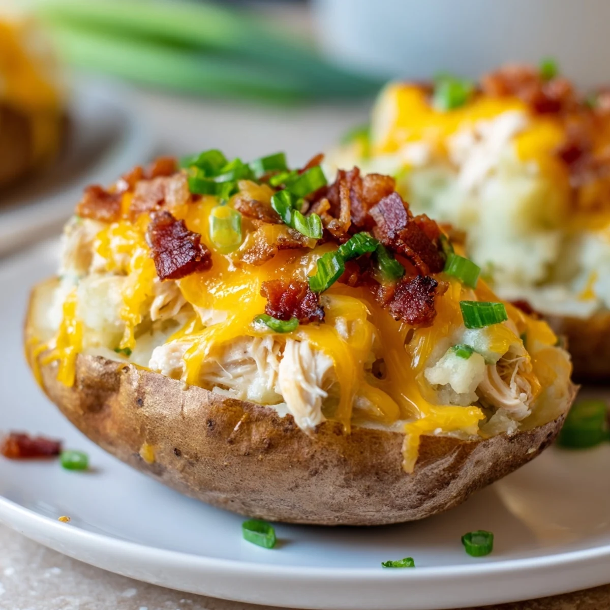 Golden-brown russet potato halves stuffed with a creamy mixture of shredded chicken, mashed potatoes, cheddar, and green onions.