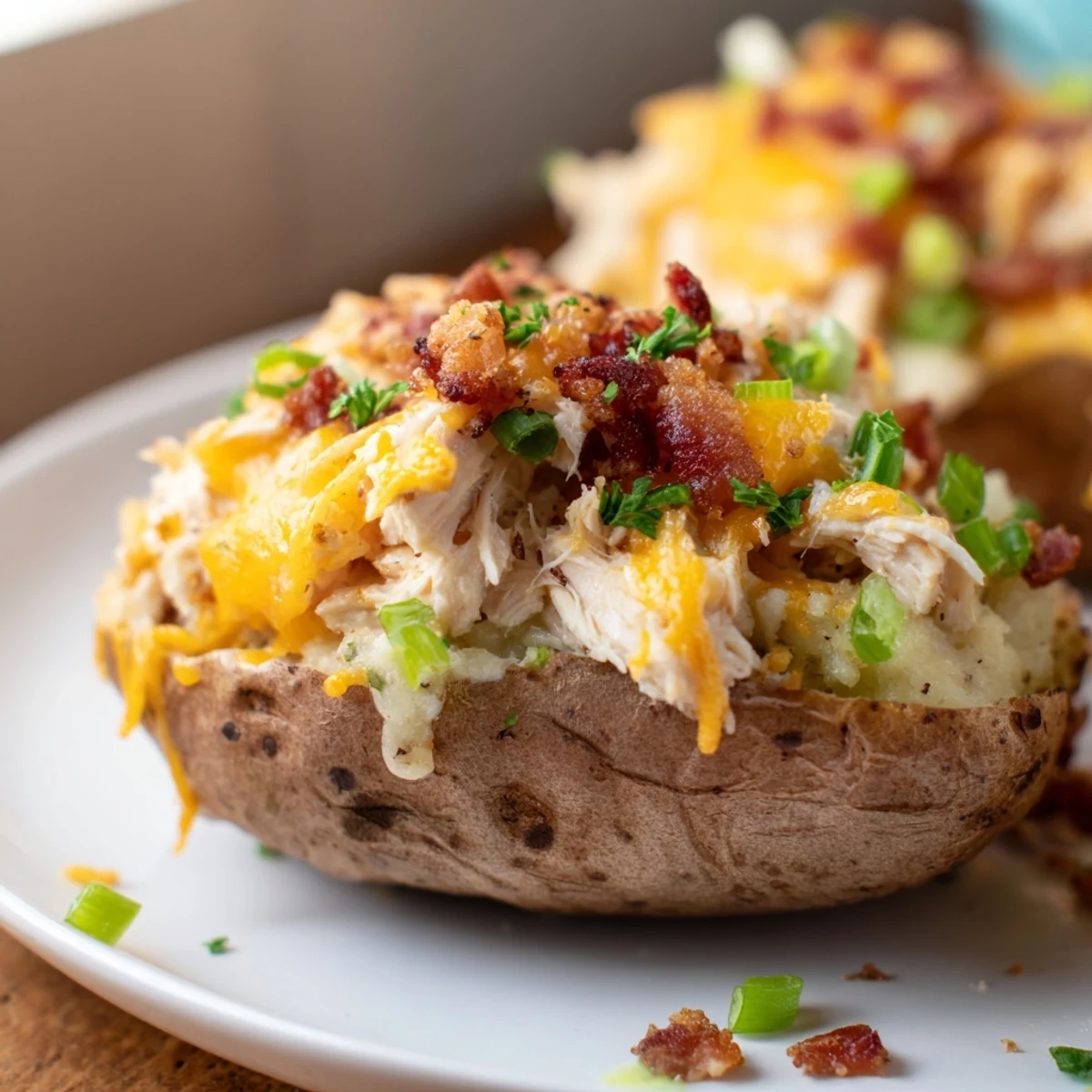 Hearty gluten-free mud chicken stuffed twice baked potatoes served hot on a rustic plate with a side salad.